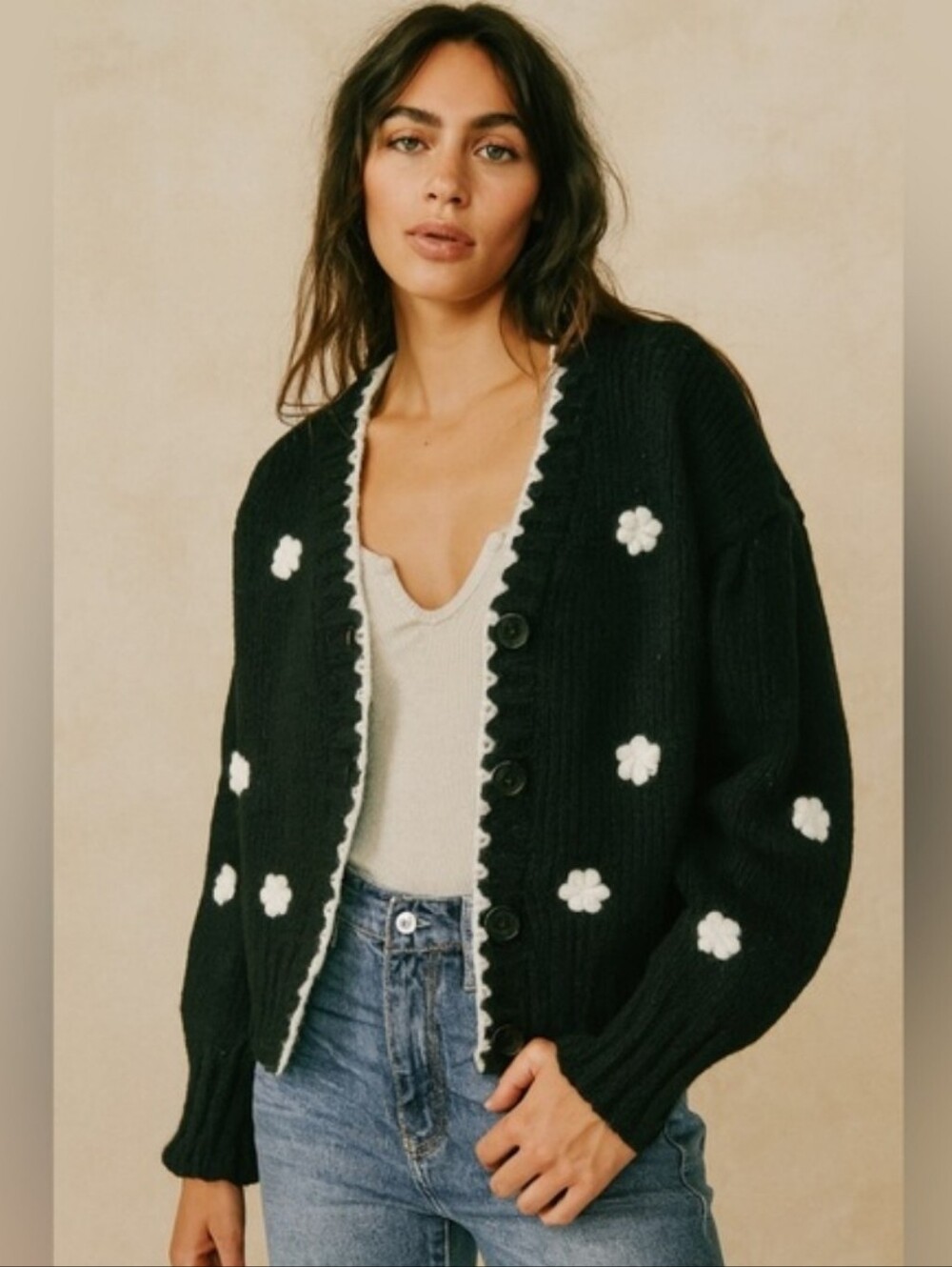 Boutique Black Floral Appliqué V-Neck Cardigan Sweater